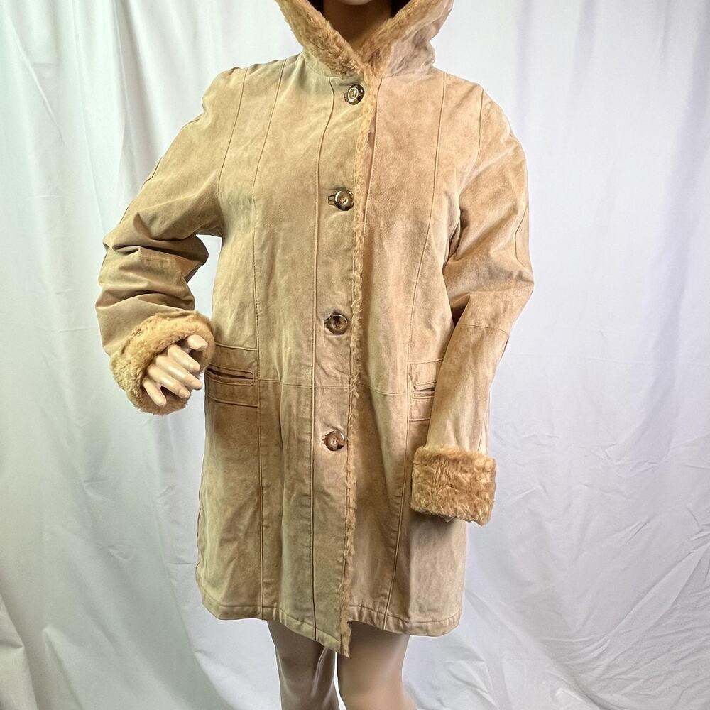 Gallery Coat Womens Xs Brown Leather Hooded Faux Shearling Lined Button Parka View 2